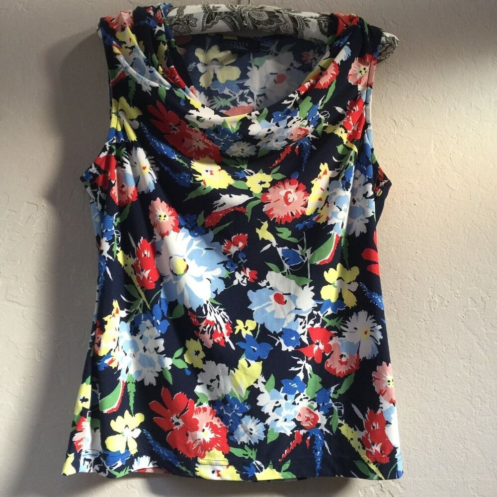 Chaps Womens Sleeveless Drape Neck Top Blouse Large Floral Stretch Boho Multi